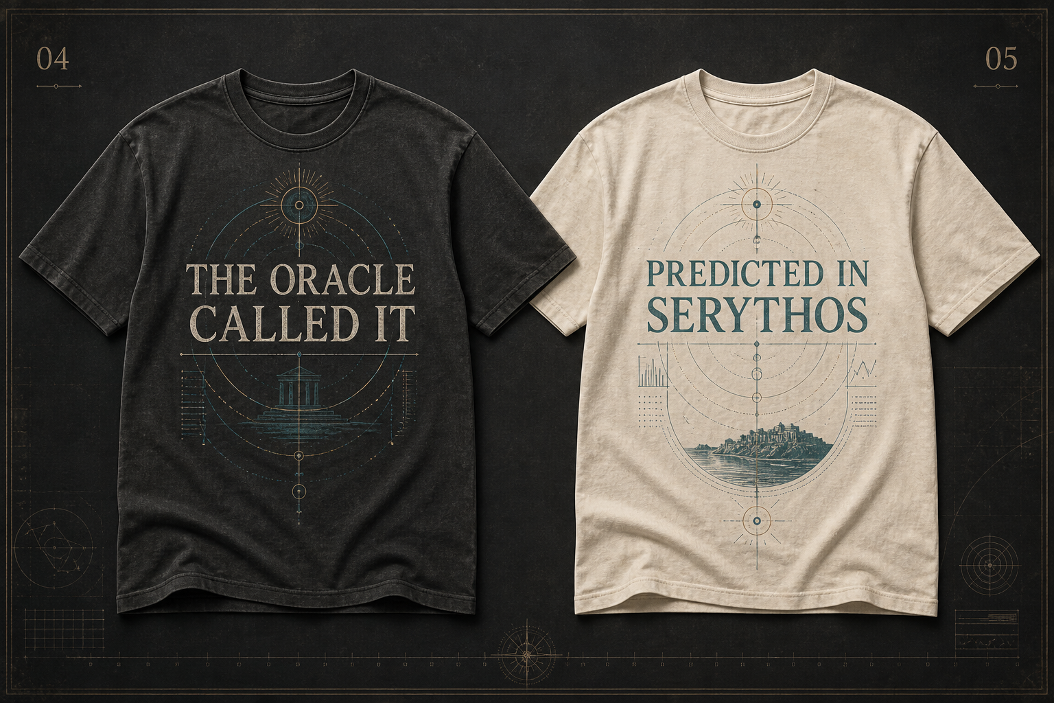 Textured review mockups for Direction 04, The Oracle Called It, and Direction 05, Predicted in Serythos