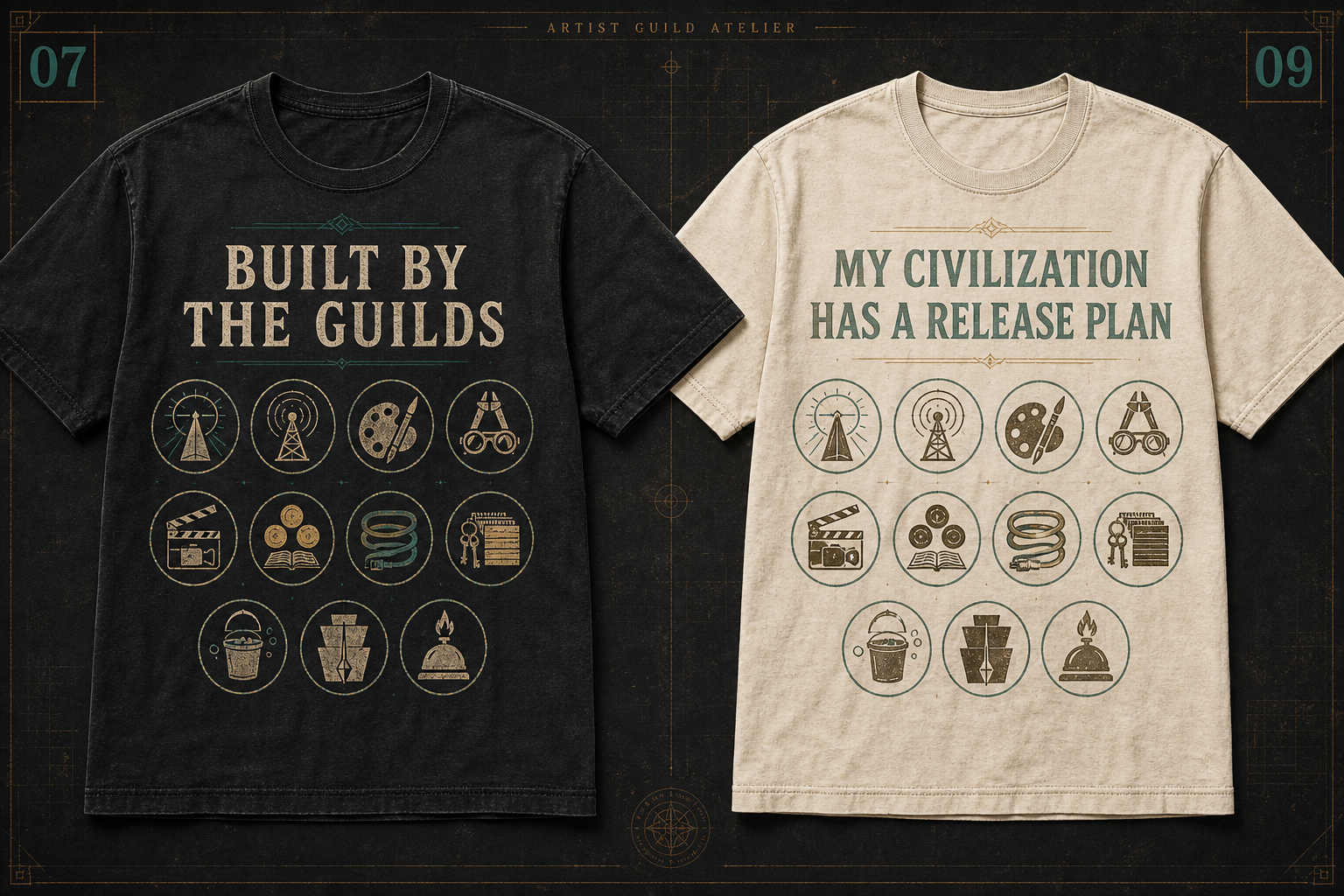 Textured review mockups for Directions 07 and 09, each displaying eleven distinct guild marks