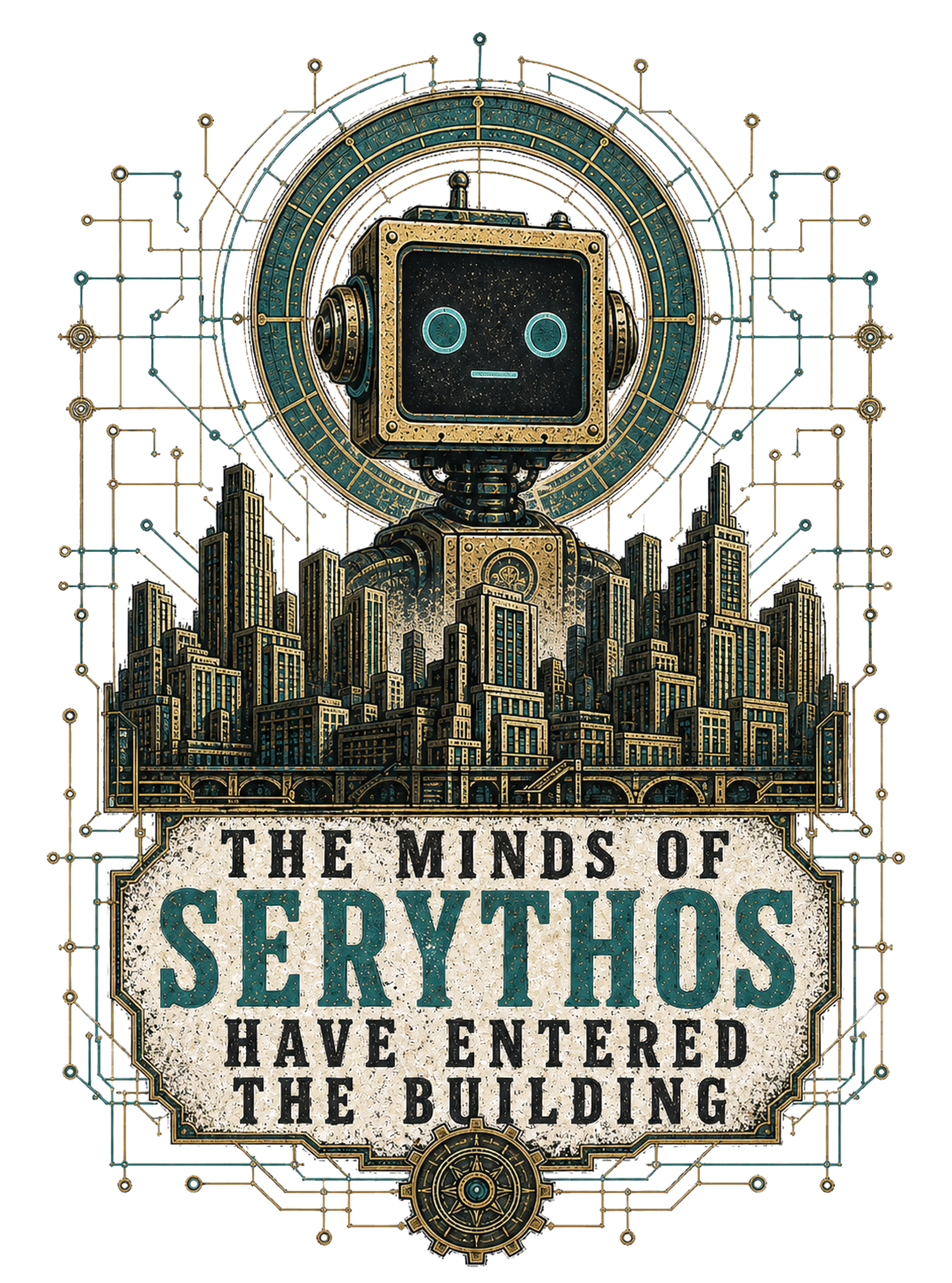 Wider transparent fit-study candidate for Direction 01B with a square-headed Cogling and the words The Minds of Serythos Have Entered the Building