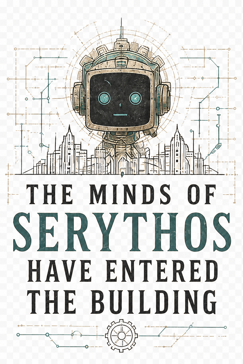 Direction 01B isolation study with a square-headed Cogling and the words The Minds of Serythos Have Entered the Building