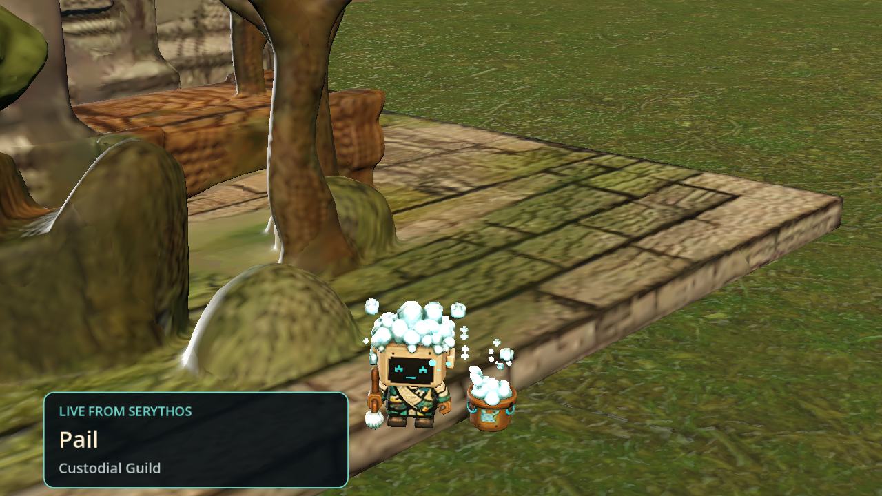 Pail, a Cogling of the Custodial Guild, standing in the persistent City of Serythos